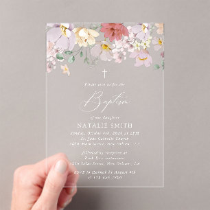 Invitations En Acrylique Fleurs Colorées, Fleurs Sauvages, Bohème, Baptême