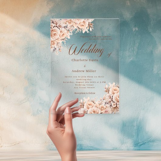 Invitations En Acrylique Fleurs crème beige mariage clair