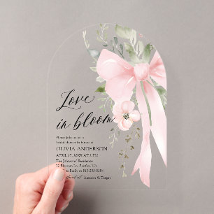 Invitations En Acrylique Fleurs d'amour à ruban rose en fleur pour la douch