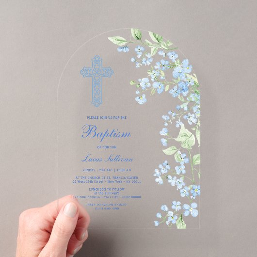 Invitations En Acrylique Fleurs d'aquarelle bleue Arche Baptême (In situ (ordinateur de poche))