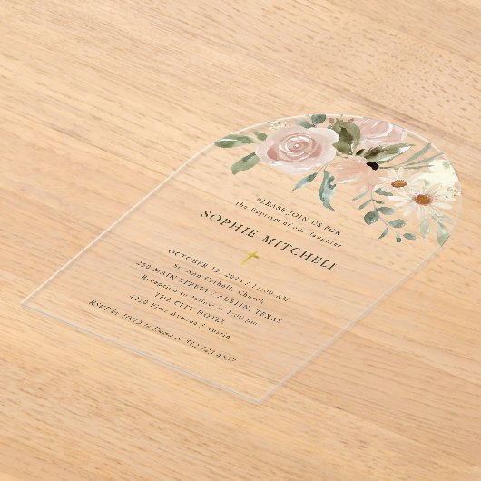 Invitations En Acrylique Fleurs d'aquarelle neutres Boho simples | Baptême (Poser)