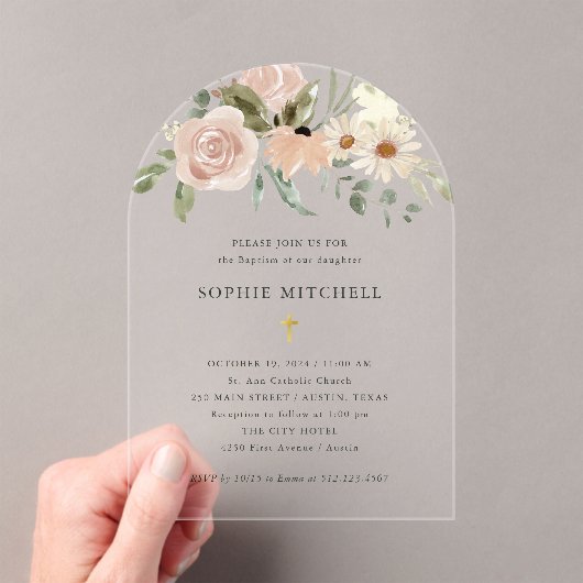 Invitations En Acrylique Fleurs d'aquarelle neutres Boho simples | Baptême (In situ (ordinateur de poche))