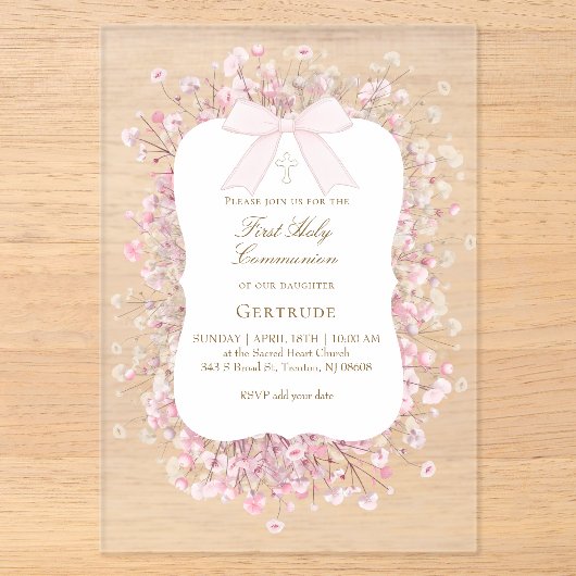Invitations En Acrylique fleurs de bébé souffle blanches roses Première Com (Recto)