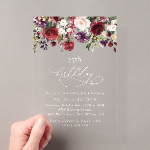 Invitations En Acrylique Fleurs de Bourgogne, Fleurs Roses, Bohème, Anniver