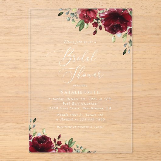 Invitations En Acrylique Fleurs de Bourgogne, Fleurs Rouges, Bohème, Lancem (Recto)