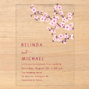 Invitations En Acrylique Fleurs de cerisier rose clair mariage casual éléga