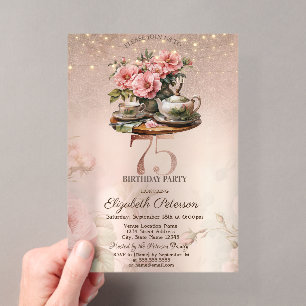 Invitations En Acrylique Fleurs de coupe de thé pailletées Rose Gold 75e An