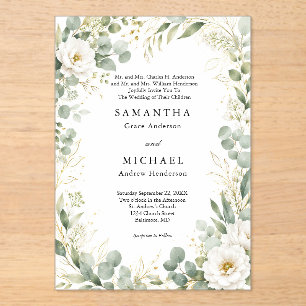 Invitations En Acrylique Fleurs de Eucalyptus Blanc Mariage Noms des Deux P