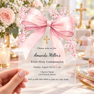 Invitations En Acrylique Fleurs de fille avec un nœud rose pour la première