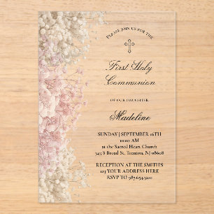 Invitations En Acrylique fleurs de Gypsophile première communion