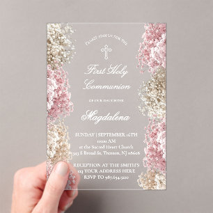 Invitations En Acrylique Fleurs de Gypsophile   Première Communion