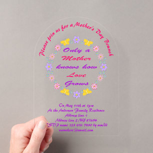 Invitations En Acrylique Fleurs de la fête des Mères et papillons Brunch pe