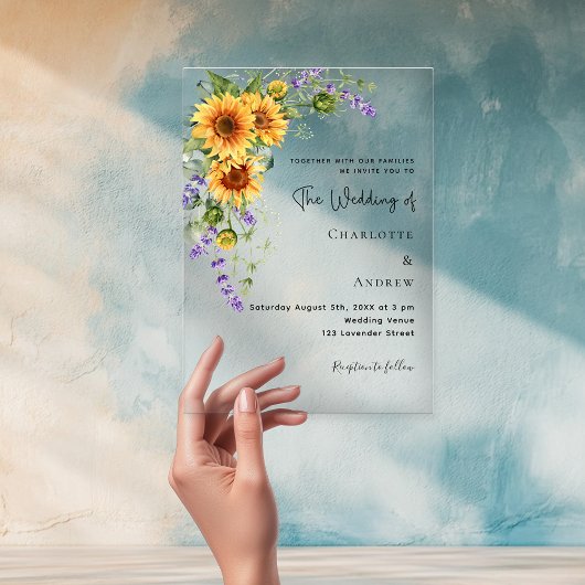 Invitations En Acrylique Fleurs de lavande de tournesol bleu mariage
