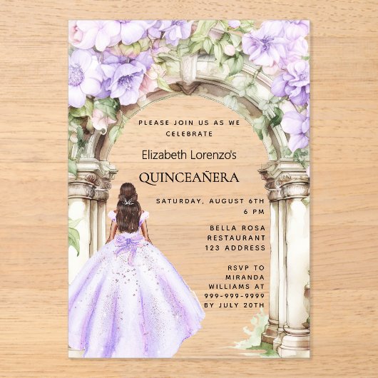 Invitations En Acrylique Fleurs de lavande robe arche claire Quinceanera (Recto)