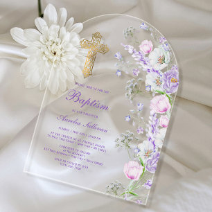 Invitations En Acrylique Fleurs de lilas à l'aquarelle Arche de baptême