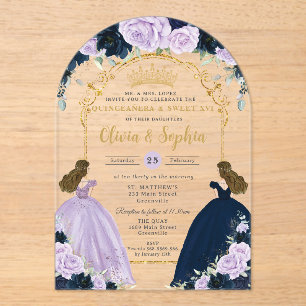 Invitations En Acrylique Fleurs de lilas violet bleu marine Twins Quinceañe