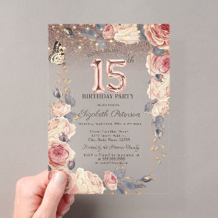 Invitations En Acrylique Fleurs de Luxe, Papillon, Lumières 15e Anniversair