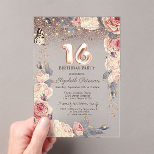 Invitations En Acrylique Fleurs de Luxe, Papillon, Lumières 16ème Anniversa