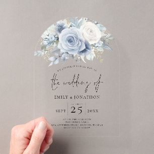 Invitations En Acrylique Fleurs de mariage en acrylique bleu poussiéreux