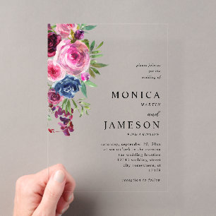 Invitations En Acrylique Fleurs de mariage rose vif et bleu marine 3