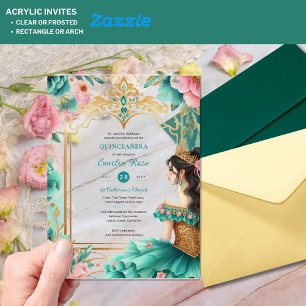 Invitations En Acrylique Fleurs de Mis Quince Teal Vert Or Quinceañera