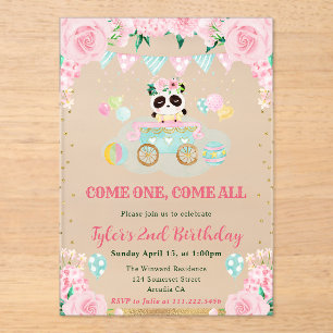 Invitations En Acrylique Fleurs de panda rose aquarelle pour l'anniversaire
