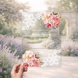 Invitations En Acrylique Fleurs de pêcher rose dentelle anniversaire