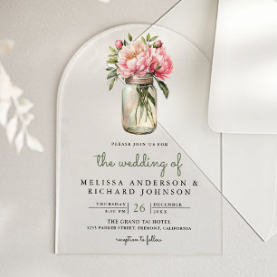 Invitations En Acrylique Fleurs de pivoine rose tendre Mariage Pot Mason