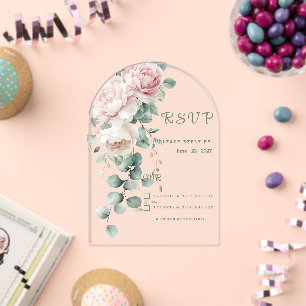 Invitations En Acrylique Fleurs de pivoines roses guirlande eucalyptus RSVP