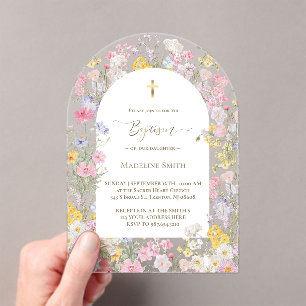 Invitations En Acrylique fleurs de prairie aquarelle baptême