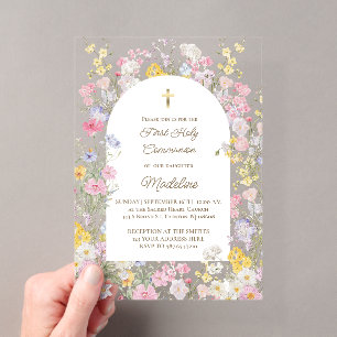 Invitations En Acrylique fleurs de prairie aquarelle de première communion