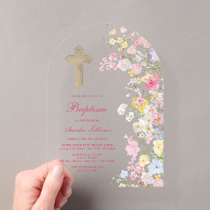 Invitations En Acrylique Fleurs de Prairie Arche Baptême