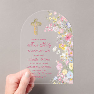 Invitations En Acrylique Fleurs de prairie Arche Première communion