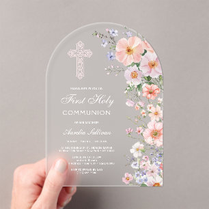 Invitations En Acrylique Fleurs de pré pastel en arche pour première commun