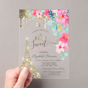 Invitations En Acrylique Fleurs de printemps Tour Eiffel Or Dégoulinant Swe