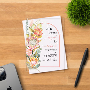 Invitations En Acrylique Fleurs de protea, herbe des pampas et mariage à l'