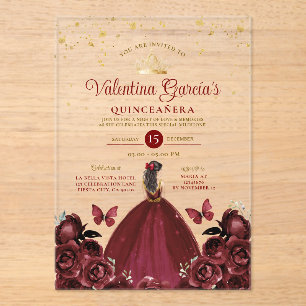 Invitations En Acrylique Fleurs de Quinceañera 15 Ans Rouge Bourgogne Or