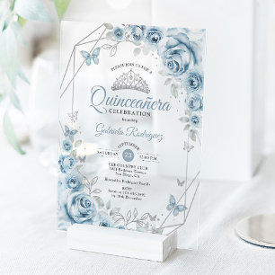 Invitations En Acrylique Fleurs de Quinceanera Bleu Bébé Argent