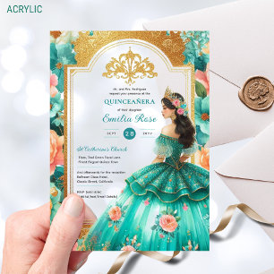 Invitations En Acrylique Fleurs de Quinceañera sarcelle vert or