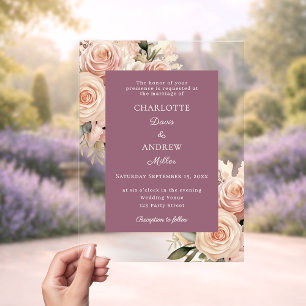 Invitations En Acrylique Fleurs de rose poussiéreuse ivoire mauve luxe mari