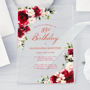 Invitations En Acrylique Fleurs de rose rouge et pivoine rose pour le 85e a