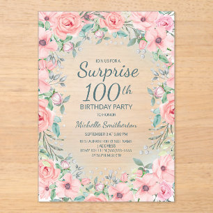 Invitations En Acrylique Fleurs de roses aquarelles roses perles 100e anniv