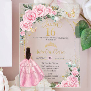 Invitations En Acrylique Fleurs de Roses Roses Fille Brune Or Sweet Seize