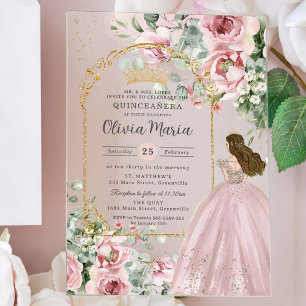 Invitations En Acrylique Fleurs de roses roses Quinceañera doré Sweet 16