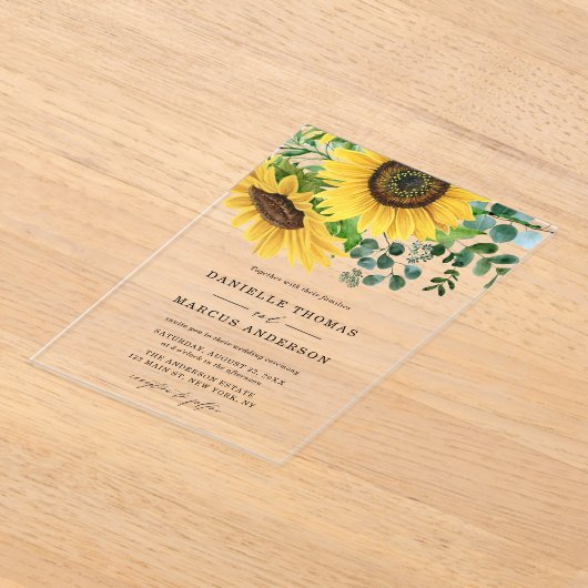 Invitations En Acrylique Fleurs de soleil d'aquarelle et Mariage d'eucalypt (Poser)