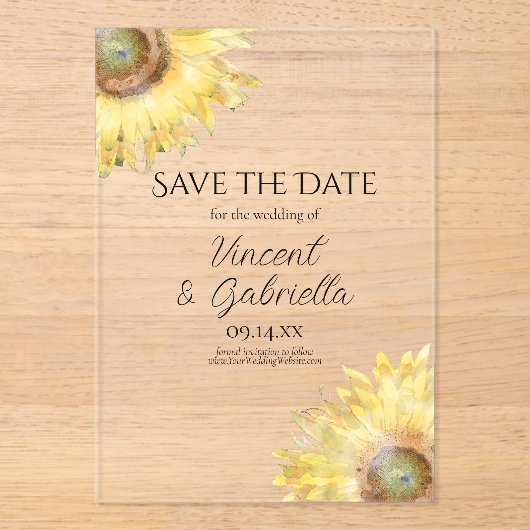 Invitations En Acrylique Fleurs de soleil jaunes Mariage d'aquarelle Enregi (Recto)