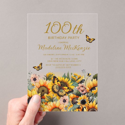Invitations En Acrylique Fleurs de soleil papillons 100e fête d'anniversair (In situ (ordinateur de poche))