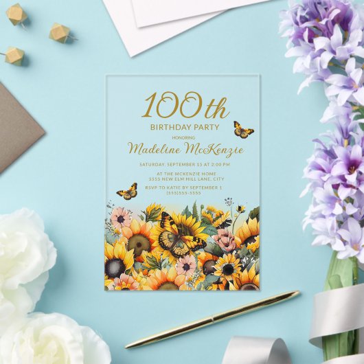 Invitations En Acrylique Fleurs de soleil papillons 100e fête d'anniversair (Insitu (Mariage))