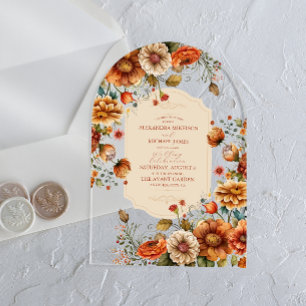 Invitations En Acrylique Fleurs de Terracotta Rouille Mariage Orange Brûlé