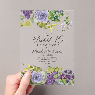 Invitations En Acrylique Fleurs de vignes aquarelles violettes Sweet 16